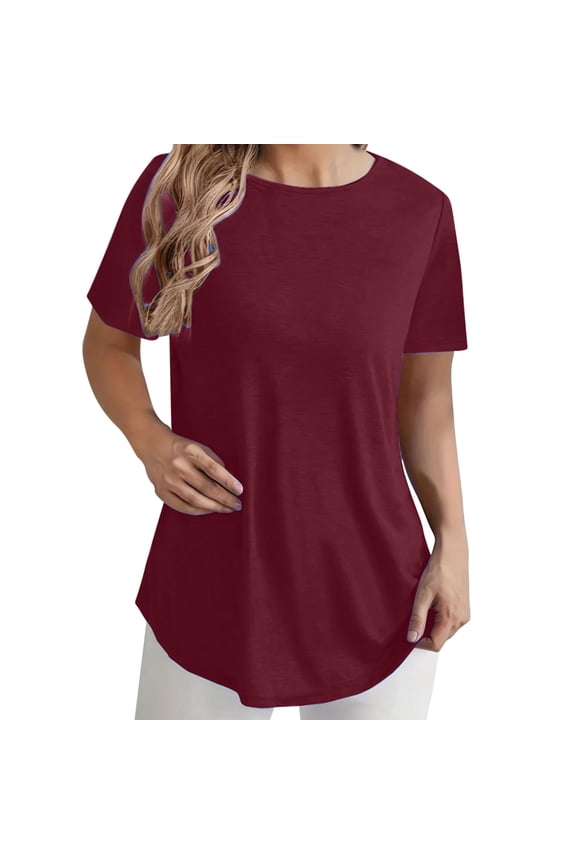 Women Fashion Plus Size Round Neck Short Sleeved Long T Shirt Blouse Pullover Tunic Red L