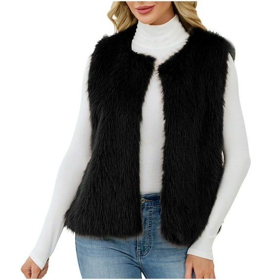Sexlip Women Faux Fur Waistcoat Fashion Winter Fuzzy Sleeveless Open Front Outwear Gilet Casual Short Vest Jacket Coat Black S
