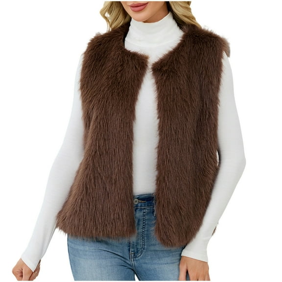 Sexlip Women Faux Fur Waistcoat Fashion Winter Fuzzy Sleeveless Open Front Outwear Gilet Casual Short Vest Jacket Coat Brown XXXL