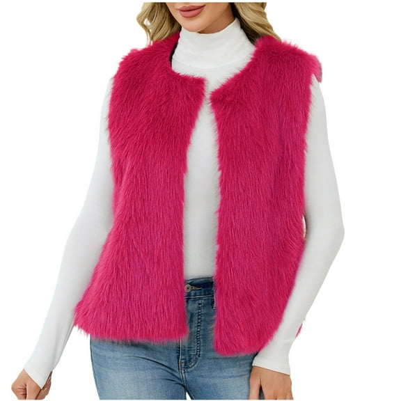 Sexlip Women Faux Fur Waistcoat Fashion Winter Fuzzy Sleeveless Open Front Outwear Gilet Casual Short Vest Jacket Coat Pink XXL
