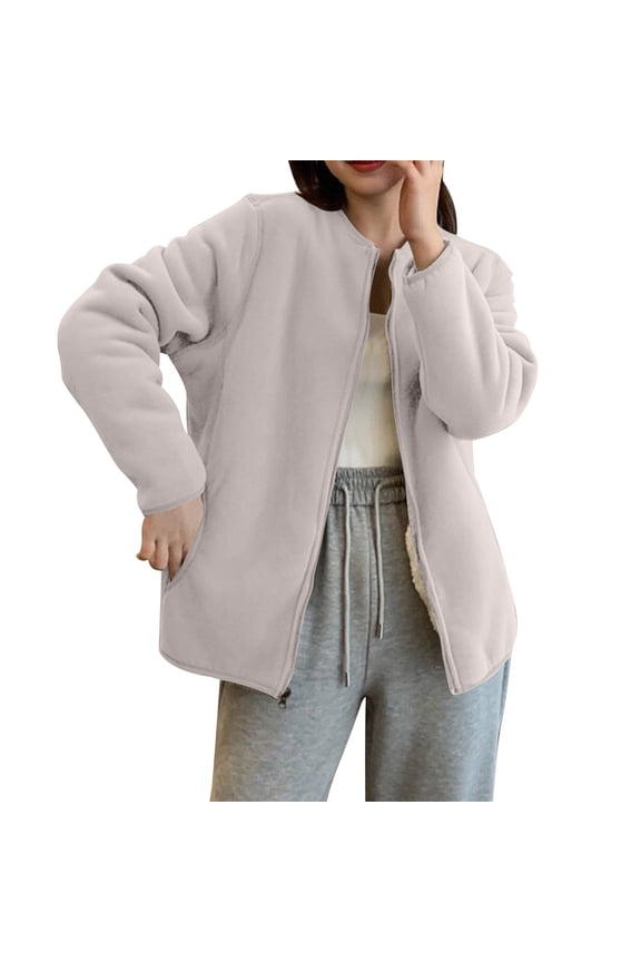 Women Fleece Jacket Winter Bomber Long Sleeve Faux Sherpa Fuzzy Casual Zip Up Coat Pocket Gray L