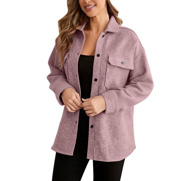 Sexlip Women Fleece Shacket Jacket Point Collar Single Chest Patch Pocket Metal Snap Button Front Oversized Mid Length Soft Warm Fall Winter Layering Outer Coat Pink S
