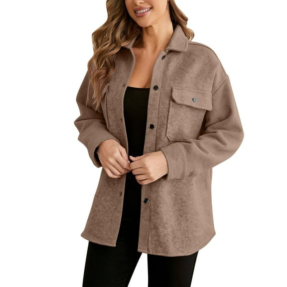 Sexlip Women Fleece Shacket Jacket Point Collar Single Chest Patch Pocket Metal Snap Button Front Oversized Mid Length Soft Warm Fall Winter Layering Outer Coat Brown S