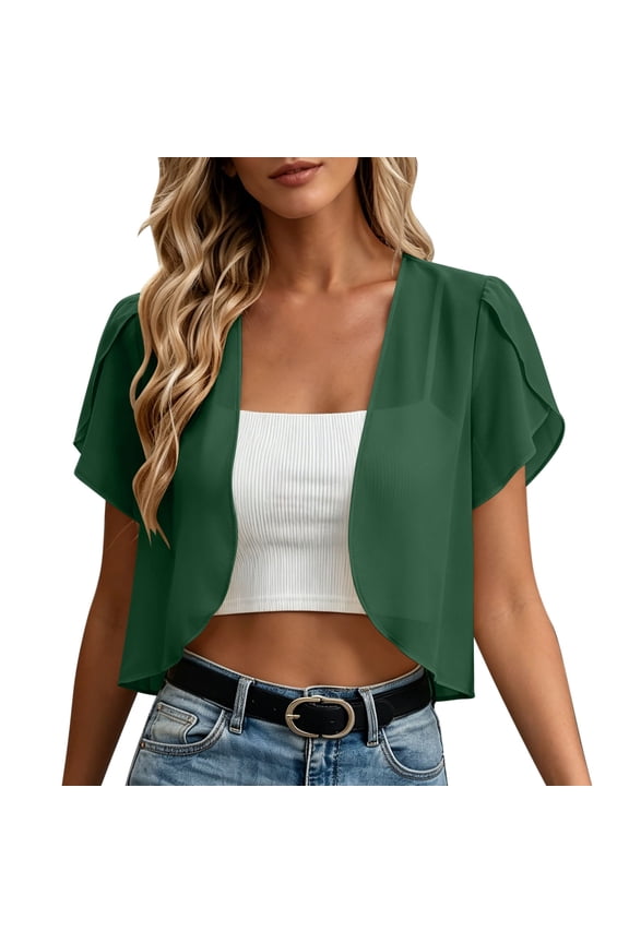Women Flounce Sleeve Chiffon Shrug Cardigan V Neck Ruffle Short Sleeve Sheer Open Front Cropped Lightweight Beach Vacation Layering Outer Coat Green XXL