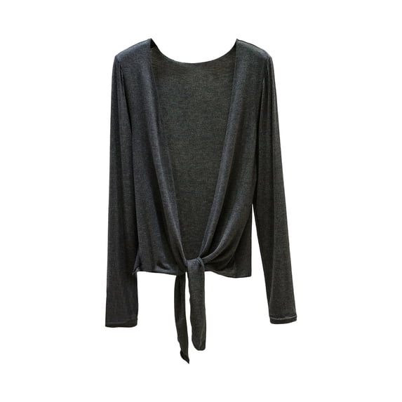 Sexlip Women Front Tie Knot Cropped Cardigan Deep V Neck Long Sleeve Soft Stretchy Thin Fabric Open Front Sun Protection Layering Shrug Jacket Gray M