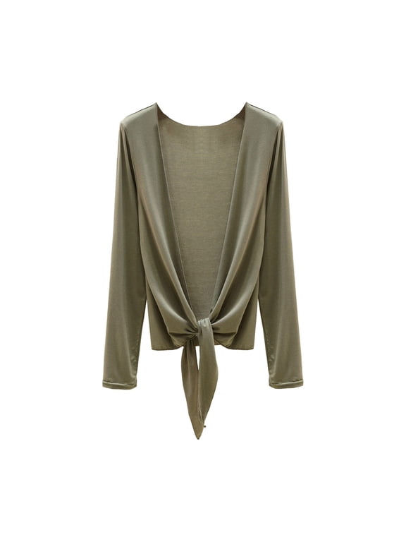 Women Front Tie Knot Cropped Cardigan Deep V Neck Long Sleeve Soft Stretchy Thin Fabric Open Front Sun Protection Layering Shrug Jacket Green M