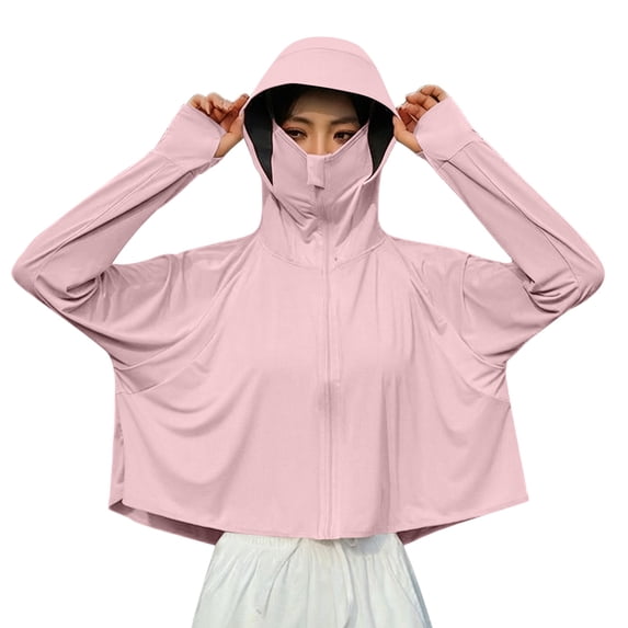 Sexlip Women Full Face Cover Hooded Sun Protection Jacket Full Zip Long Sleeve Cropped Ice Silk Lightweight Breathable Outdoor Cycling Fishing Outer Coat With Thumb Holes Pink Free Size