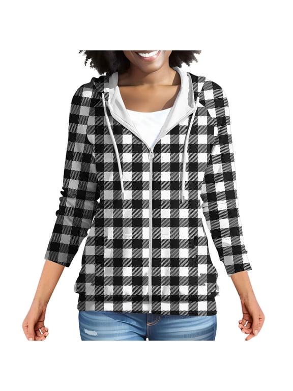 Women Full Zip Buffalo Plaid Hooded Sweat Jacket Drawstring Hood Kangaroo Pocket Oversized Athleisure Lounge Street Outerwear Black S