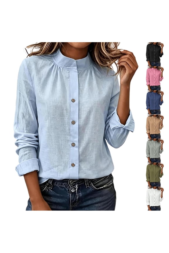 Women Gathered Stand Collar Hidden Placket Long Roll Sleeve Crinkle Linen Button Down Shirt Slim Relaxed Minimalist Daily Blouses Green L