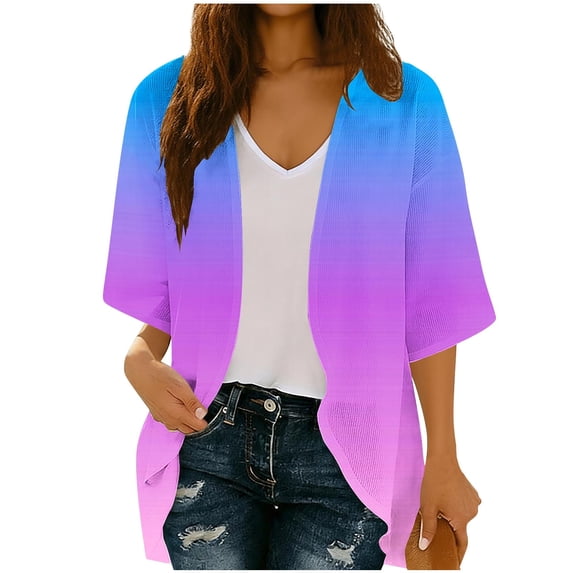 Sexlip Women Gradient Knit Cardigan Three Quarter Sleeve Open Front Lightweight Sweater Jacket With Side Pockets Relaxed Fit Casual Cover Up Blue S