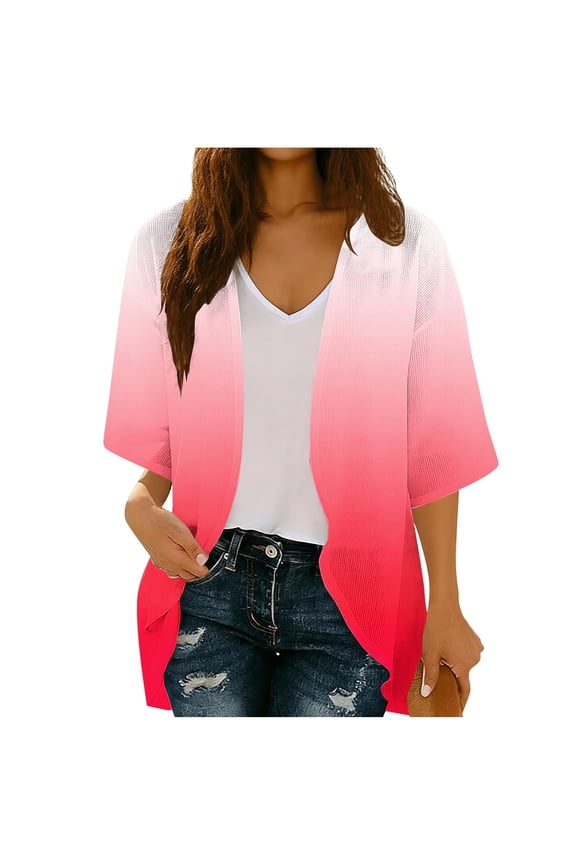 Women Gradient Knit Cardigan Three Quarter Sleeve Open Front Lightweight Sweater Jacket With Side Pockets Relaxed Fit Casual Cover Up Red S