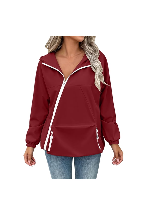 Women Half Zip Hooded Jacket Asymmetrical Zipper Big Kangaroo Pocket Elastic Wrist Cuff Loose Lightweight Commute Windproof Casual Outer Coat Red M