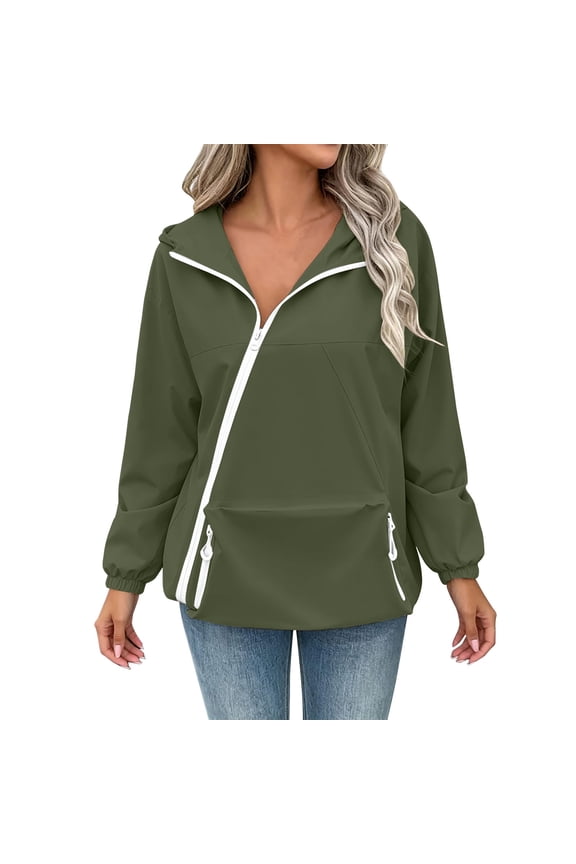 Women Half Zip Hooded Jacket Asymmetrical Zipper Big Kangaroo Pocket Elastic Wrist Cuff Loose Lightweight Commute Windproof Casual Outer Coat Green XL