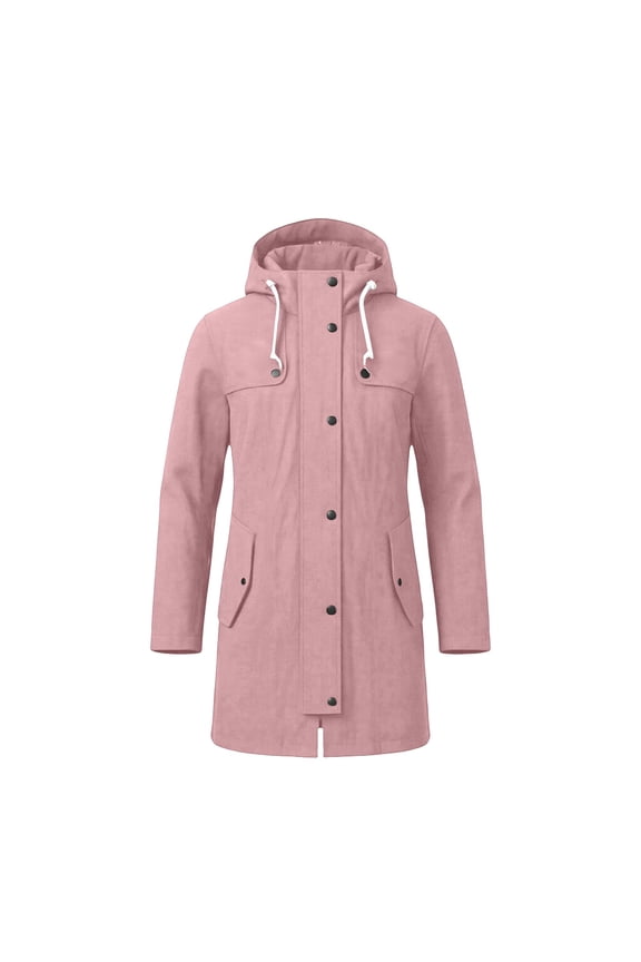 Women Hooded Mid Length Rain Jacket Drawstring Adjustable Hem Full Zip Windproof Trench Coat Multi Snap Pocket Outdoor Commute Outerwear Pink S