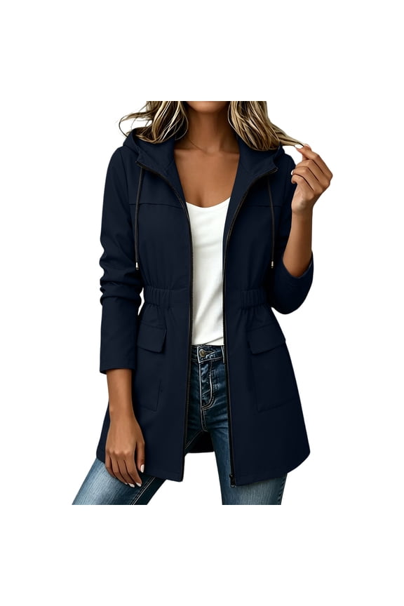 Women Hooded Waist Cinch Wind Trench Jacket Drawstring Hood Elastic Cuff Full Zip Mid Length Multi Flap Pocket Water Resistant Daily Commute Outerwear Blue M