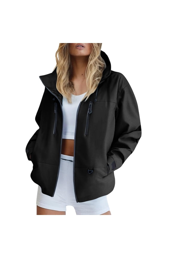 Women Hooded Waterproof Windbreaker Jacket Full Zip Long Sleeve Multi Zipper Pocket Loose Fit Outdoor Hiking Lightweight Rain Coat Black XL