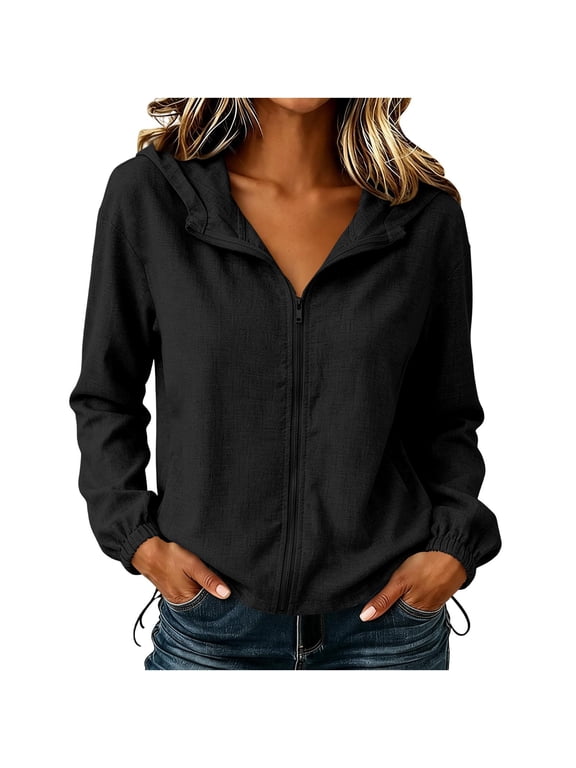 Women Hooded Zip Up Woven Wind Jacket Elastic Cuff Adjustable Drawstring Hem Lightweight Outdoor Travel Outer Coat Black M