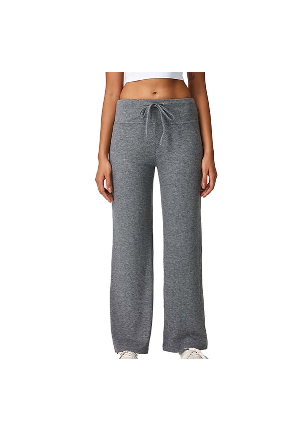 Women Knitted Wool Wide Leg Trousers Casual Twisted Lace Up Drawstring Long Pants Gray M