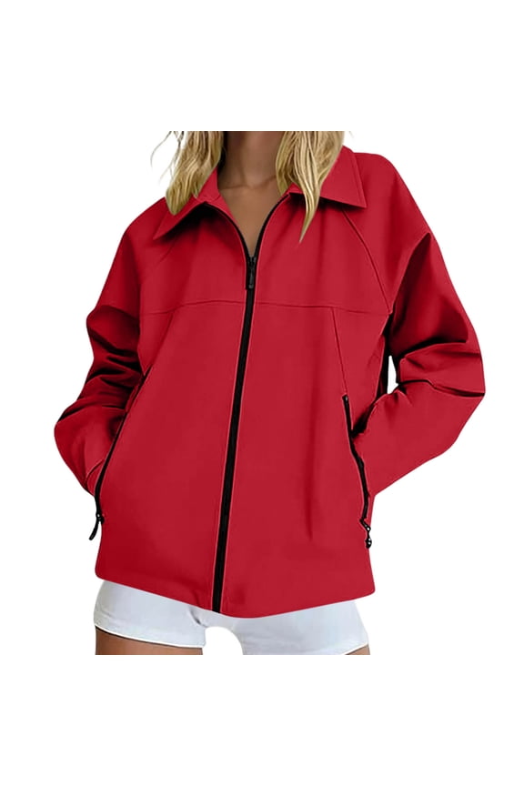 Women Lapel Collar Zip Up Softshell Jacket Long Sleeve Loose Fit Windproof Outerwear With Zipper Side Pockets Casual Everyday Coat Red XL