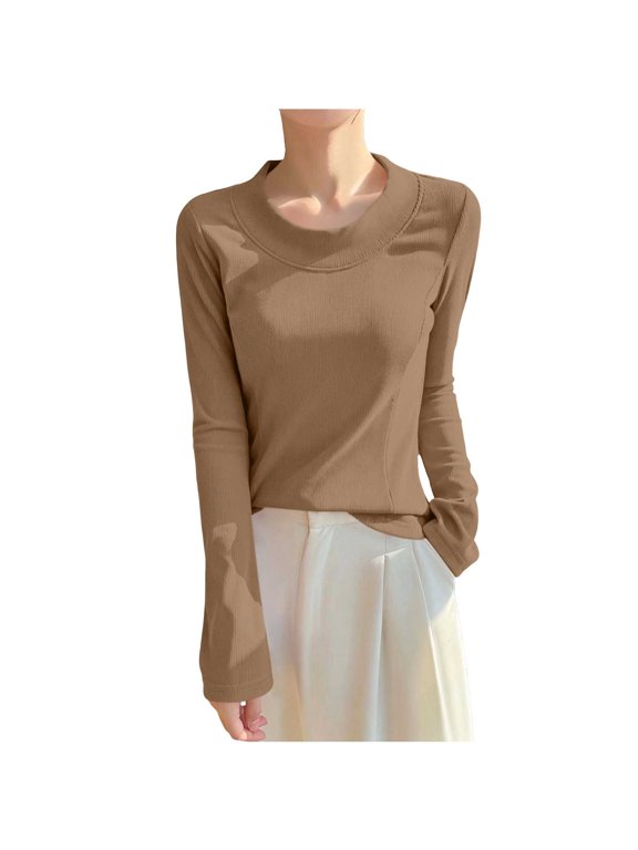 Women Long Sleeve Ribbed Knit Base Top Crew Neck Flared Sleeve Slim Four Way Stretch Soft Skin Friendly Wrinkle Resistant Office Layering T Shirt Yellow XXL