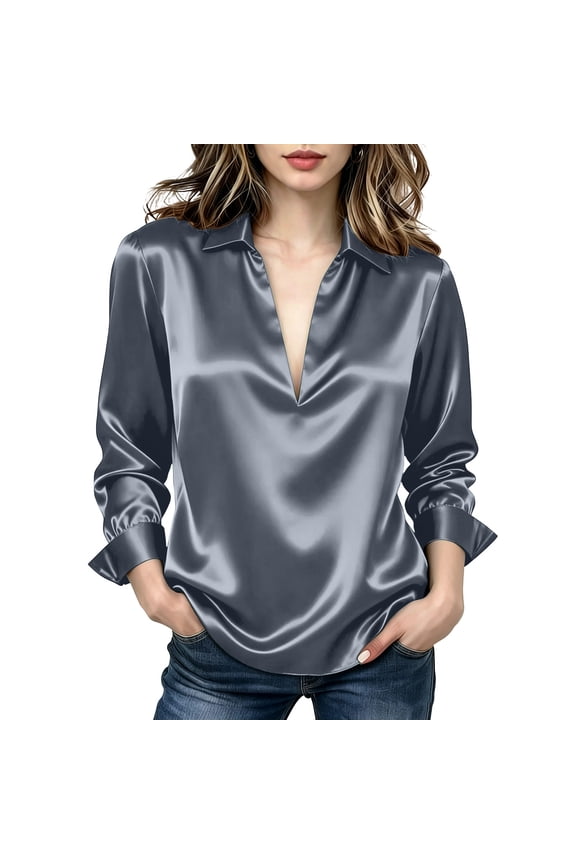Women Long Sleeve Satin Collared V Neck Blouse Loose Glossy Soft Fabric Casual Business Work Long Sleeve Tunic Top Gray XXXL