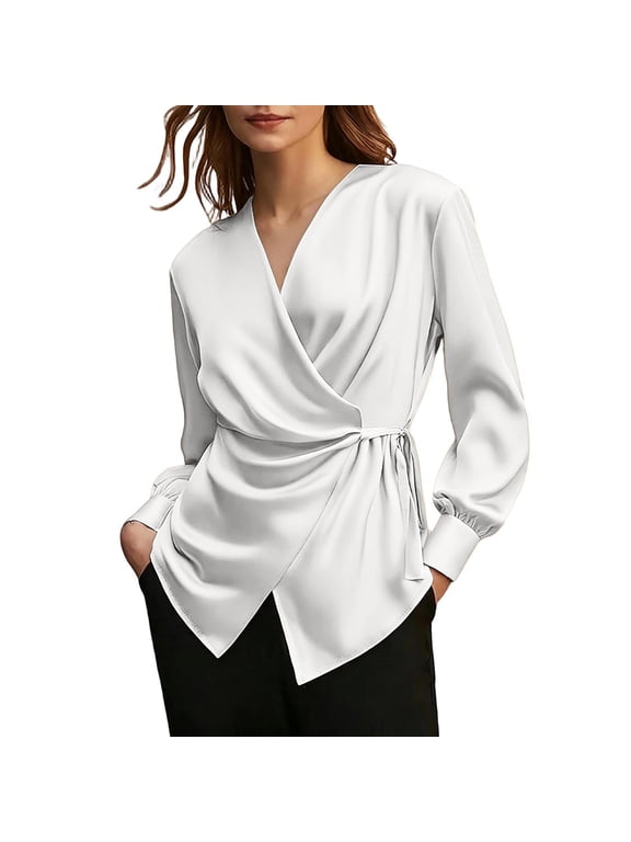 Women Long Sleeve Satin Wrap Blouse Surplice V Neck Side Tie Waist Bubble Elastic Cuff Slim Tailored Glossy Fabric Date Night Office Elegant Top White XXXL