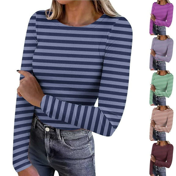 Sexlip Women Long Sleeve Shirts Rib Knit Slim Fit Tops Basic Tee Fall Outfits Casual T-Shirt Underscrubs Layer Clothes Blue L