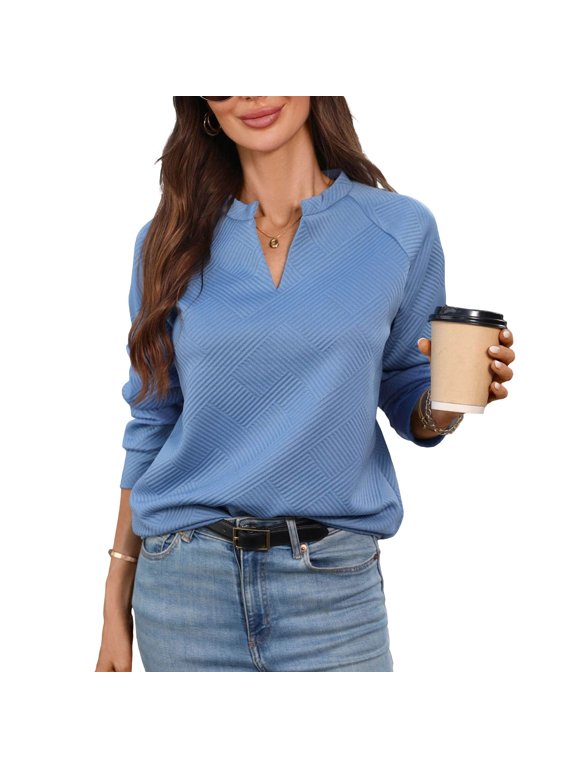 Women Long Sleeve Textured Raglan Top Notch Collar Partial V Placket Diagonal Jacquard Fabric Roll Up Sleeve Relaxed Fit Office Commute Casual Shirt Blue M