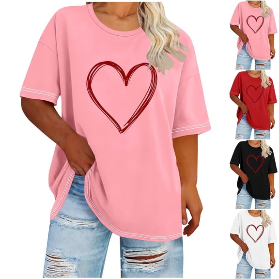 Sexlip Women Love Heart Printed Shirts Junior Tops Cute Casual Graphic Tshirts Trendy Tees Spring Summer Clothes Plus Size Black XXL