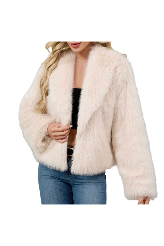 Women Luxury Faux Fur Shaggy Corp Coats Fuzzy Jacket Lapel Outerwear for Party Dating Solid and Colorful Available Beige S