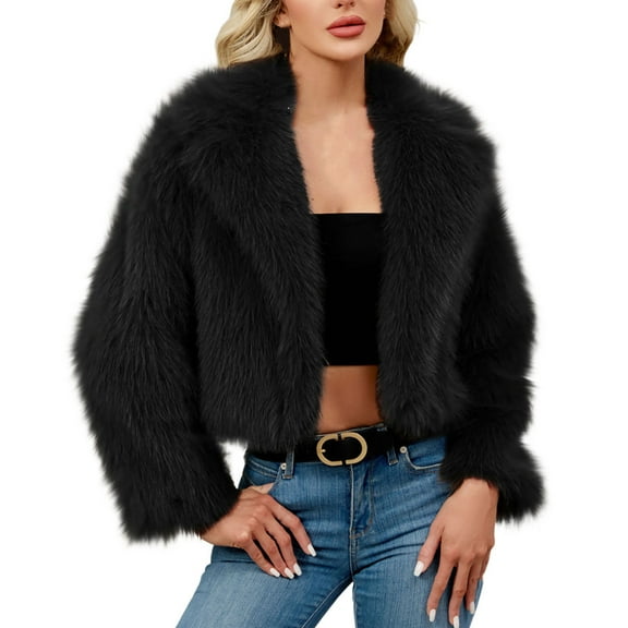 Sexlip Women Luxury Faux Fur Shaggy Corp Coats Fuzzy Jacket Lapel Outerwear for Party Dating Solid and Colorful Available Black XL