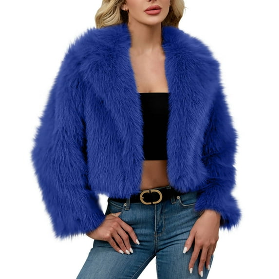 Sexlip Women Luxury Faux Fur Shaggy Corp Coats Fuzzy Jacket Lapel Outerwear for Party Dating Solid and Colorful Available Blue L