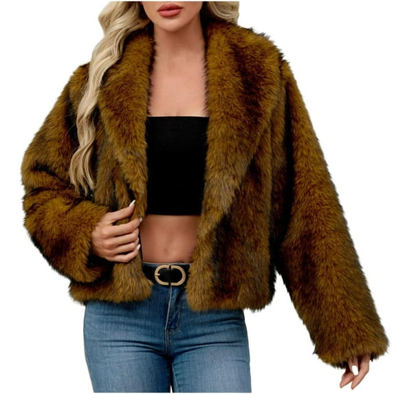 Sexlip Women Luxury Faux Fur Shaggy Corp Coats Fuzzy Jacket Lapel Outerwear for Party Dating Solid and Colorful Available Yellow XXXL