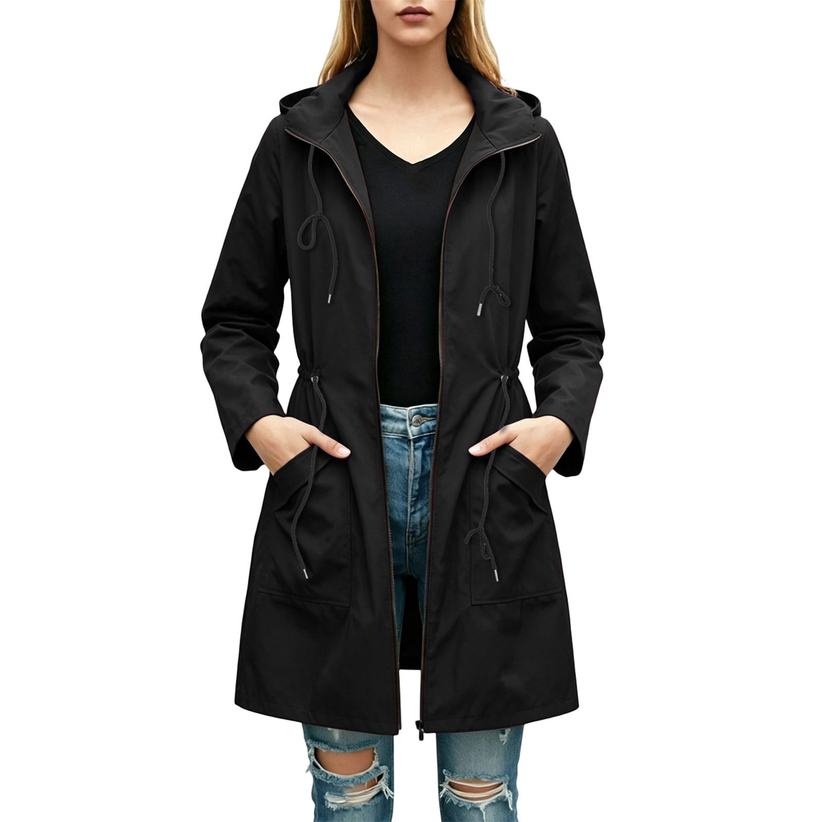 Sexlip Women Mid Length Hooded Trench Jacket Drawstring Hood Waist