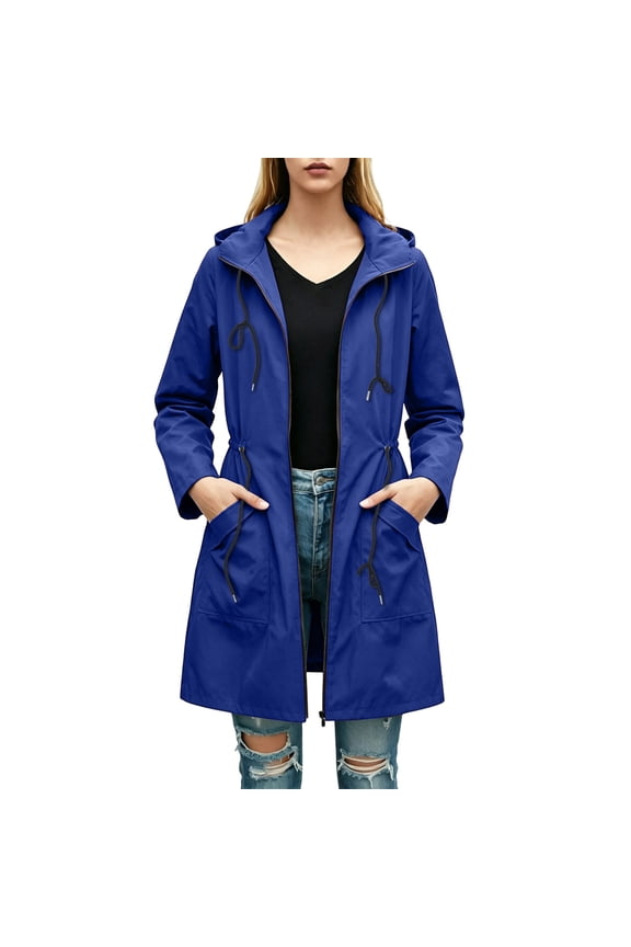 Women Mid Length Hooded Trench Jacket Drawstring Hood Waist Cinch Dual Side Patch Pockets Water Resistant Full Zip Casual Commute Outdoor Outerwear Blue XXL