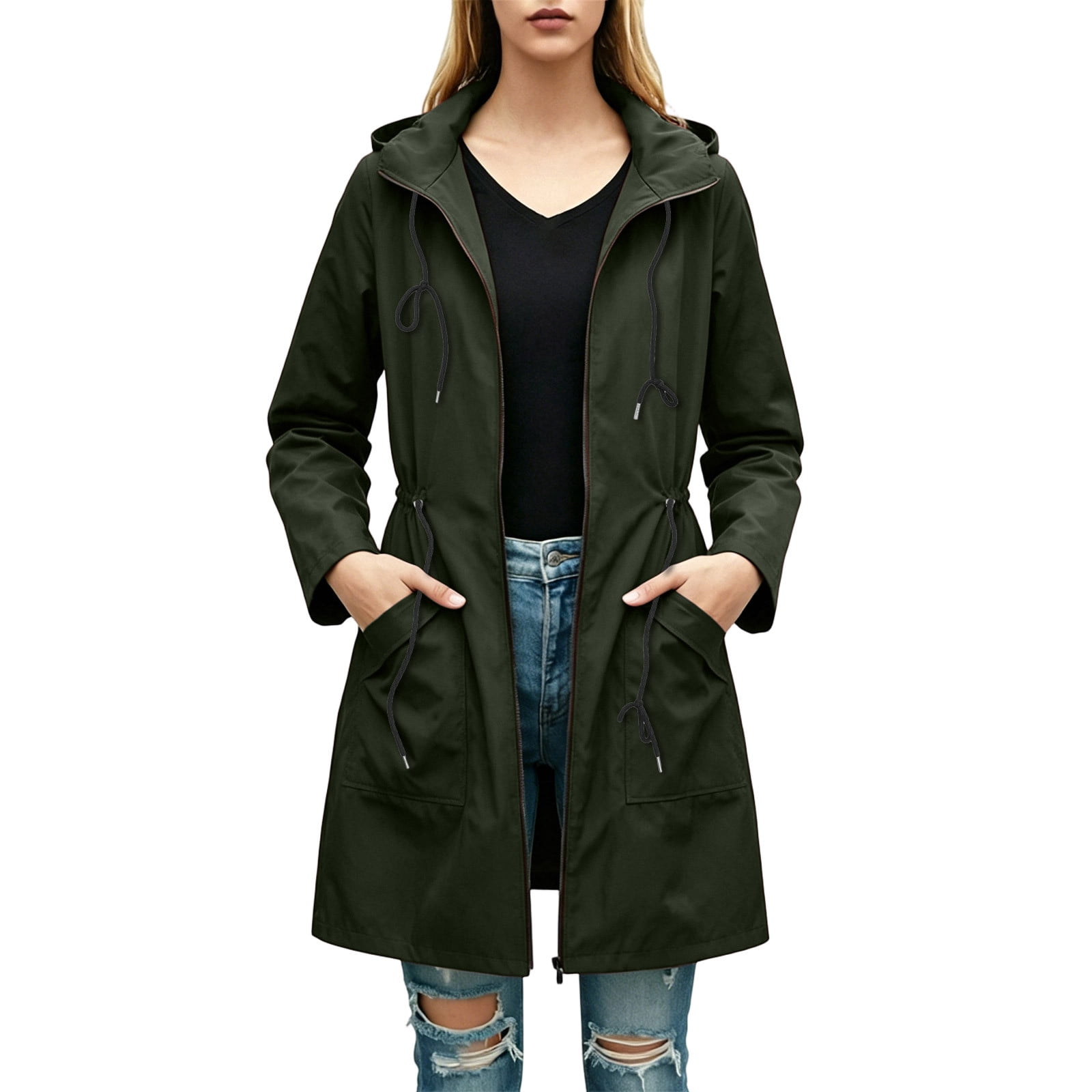 Sexlip Women Mid Length Hooded Trench Jacket Drawstring Hood Waist