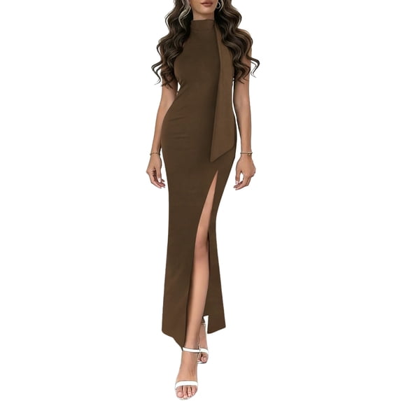Sexlip Women Neck Draped Detail Bodycon Maxi Dress Elegant Solid Color High Slit Evening Gown Brown M