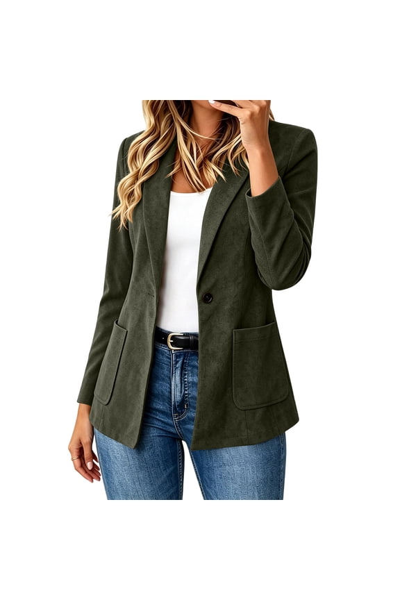 Women Notched Lapel Single Button Faux Suede Blazer Jacket Two Large Patch Pockets Slim Fit Street Office Dual Wear Outer Coat Green S