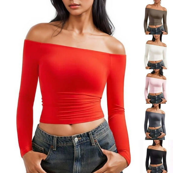 Sexlip Women Off Shoulder Double Lined Long Sleeve Shirts Basic Going Out Tops Black L