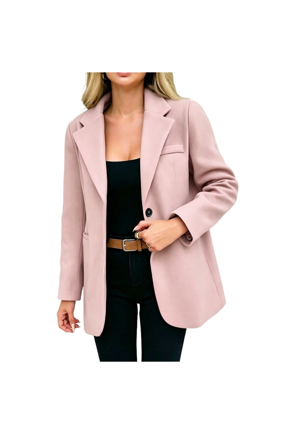 Women Oversized Blazer Jacket Wide Notched Lapel Single Button Mid Length Relaxed Draped Wrinkle Resistant Office Business Outer Coat With Side Pockets Pink L