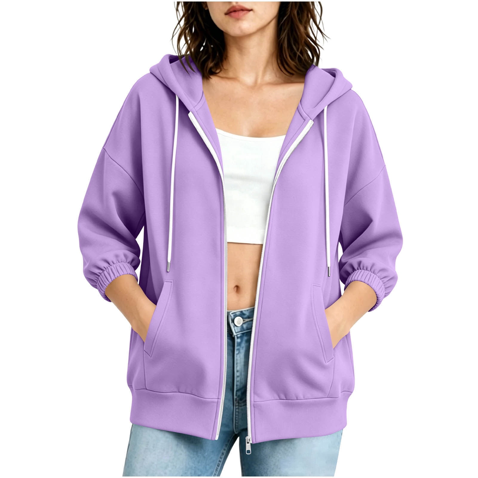 Sexlip Women Oversized Zip Up Hoodie Jacket Drawstring Hood Three