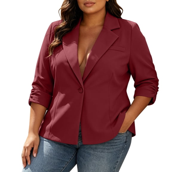 Sexlip Women Plus Size Notched Collar Blazer Jacket Single Button Roll Up Long Sleeve Tailored Slim Waist Wrinkle Resistant Business Casual Outer Coat Red XL