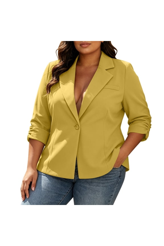 Women Plus Size Notched Collar Blazer Jacket Single Button Roll Up Long Sleeve Tailored Slim Waist Wrinkle Resistant Business Casual Outer Coat Yellow L