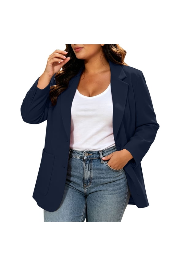 Women Plus Size Notched Lapel Blazer Jacket Single Button Long Sleeve Oversized Relaxed Fit Wrinkle Free Suit Coat Large Side Patch Pockets For Daily Work Blue L