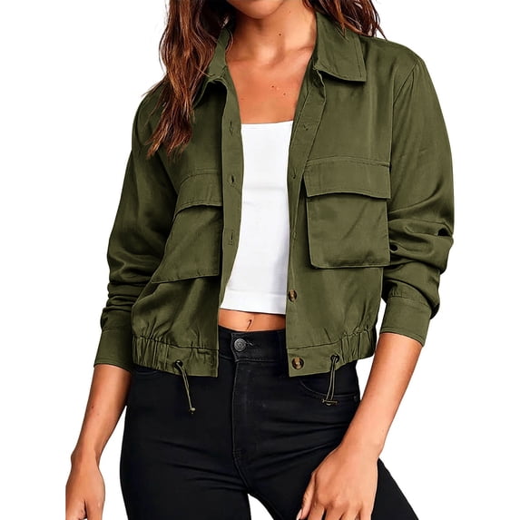 Sexlip Women Point Collar Cargo Utility Jacket Multi Flap Patch Pockets Single Button Front Drawstring Waist Cropped Relaxed Fit Streetwear Outer Coat Green XL