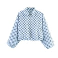 thumbnail image 1 of Sexlip Women Polka Dot Printed Cropped Jacket Point Collar Full Zip Front Elastic Hem Bubble Long Sleeve Lightweight Casual Daily Layering Outerwear Blue M, 1 of 6