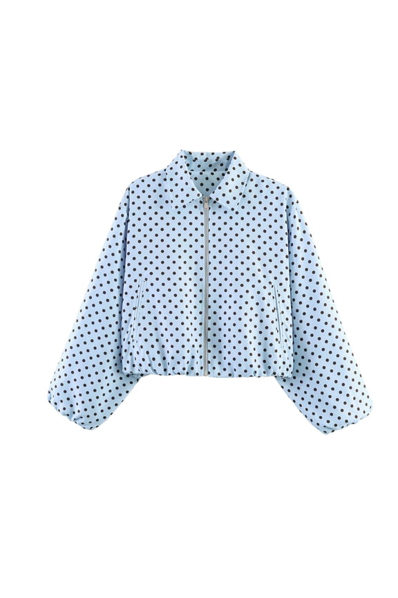 Women Polka Dot Printed Cropped Jacket Point Collar Full Zip Front Elastic Hem Bubble Long Sleeve Lightweight Casual Daily Layering Outerwear Blue XS