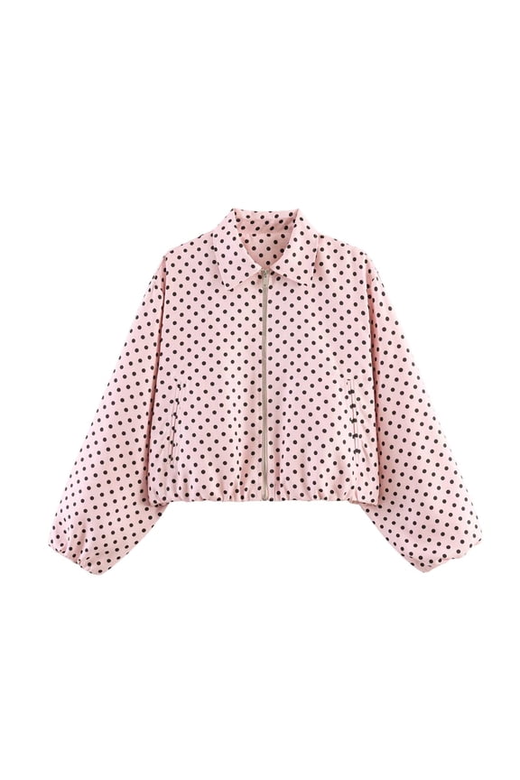 Women Polka Dot Printed Cropped Jacket Point Collar Full Zip Front Elastic Hem Bubble Long Sleeve Lightweight Casual Daily Layering Outerwear Pink XS