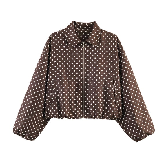 Sexlip Women Polka Dot Printed Cropped Jacket Point Collar Full Zip Front Elastic Hem Bubble Long Sleeve Lightweight Casual Daily Layering Outerwear Brown XL