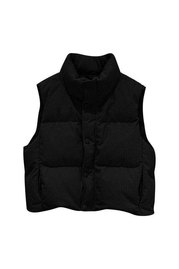 Women Quilted Puffer Vest Corduroy Sleeveless Stand Collar Winter Trendy Jacket Chunky Casual Outerwear with Pocket Black S